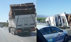 Kasası sola yatık giden aşırı yüklü kamyon devrildi!