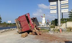 Alanya-Manavgat D-400 Karayolu’nda tomruk yüklü kamyon devrildi