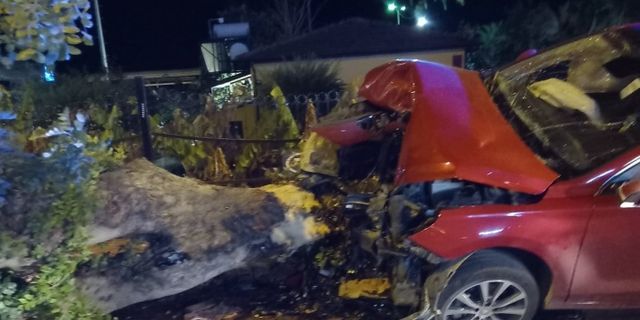 Alanya’da kaldırıma çıkan araç ağaca çarptı: 2 yaralı