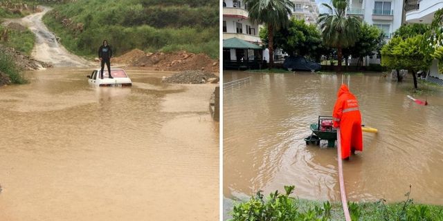 Alanya yağmura teslim oldu | Sürücü aracının üzerine çıkıp kurtuldu | VİDEO HABER