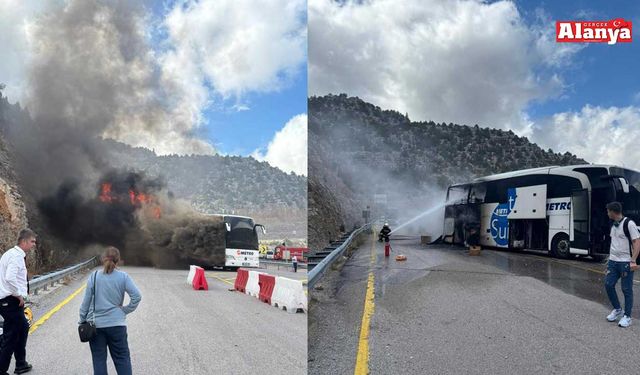 Alanya'dan yola çıkan yolcu otobüsü alev aldı
